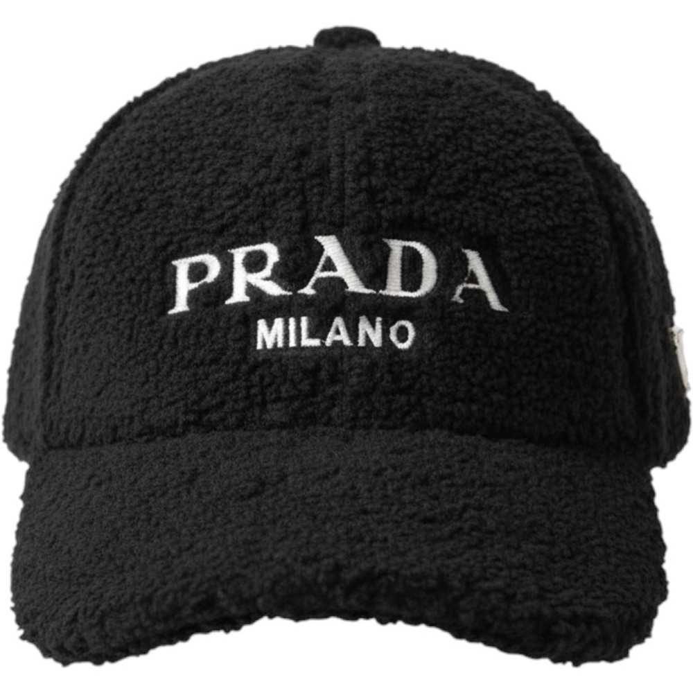 Prada Teddy Sherpa Fleece Baseball Cap Black Milano Logo Hat